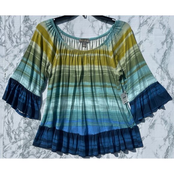 Style & Co. Womens On Off Knit Faded Turquoise Ruffle Hem and Sleeve Top S - Picture 1 of 7